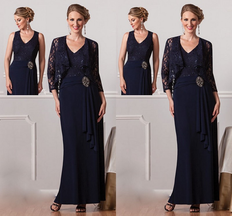 

2019 New Elegant Mother's Dresses V Neck Lace A Line Long Chiffon Formal Navy Blue Hot Beach Mother Of the Bride Evening Gowns With Jacket