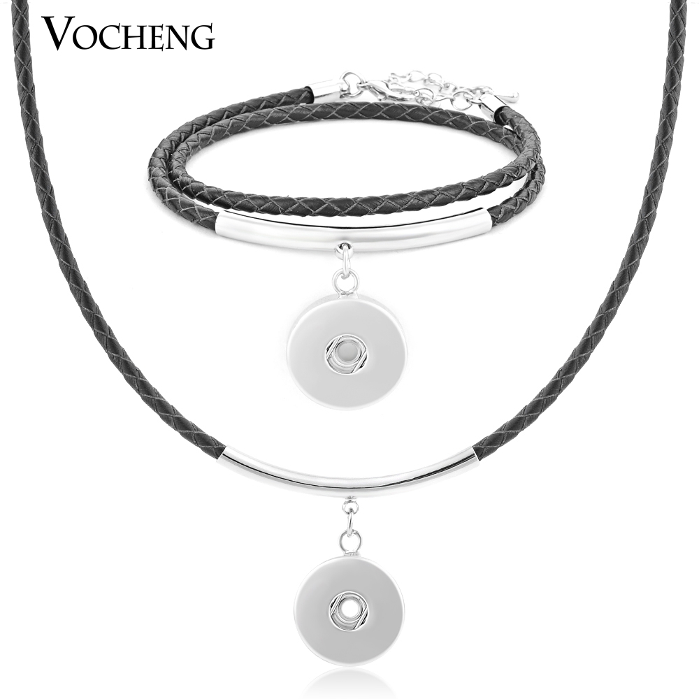 

NOOSA 5 Colors Leather Pendant Necklace Bracelet Set Fit 18mm Button VOCHENG NN-379, Silver