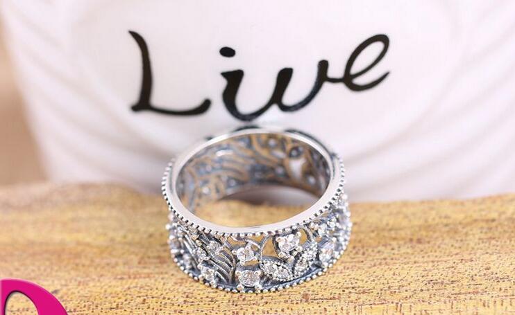 

100% Authentic 925 sterling silver rings with cubic zirconia Retro Style Pattern hollow ring DIY jewelry Fits for pandora charms jewelry