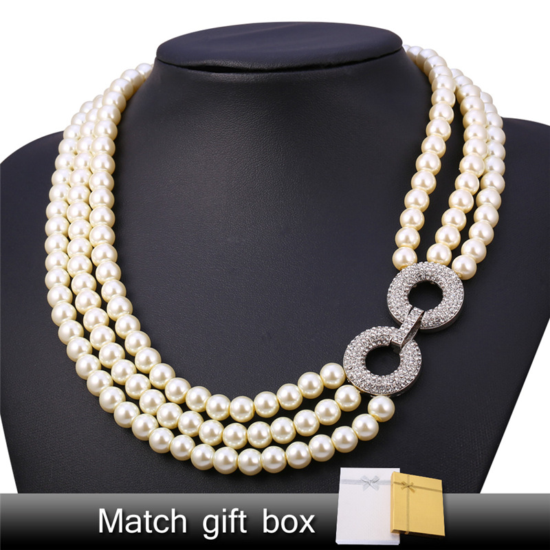 Women's 3 Layers Synthetic Pearl Necklace Clear Austrian Rhinestone Round Charms New Luxury Multilayer Beaded Necklace-image-263209019