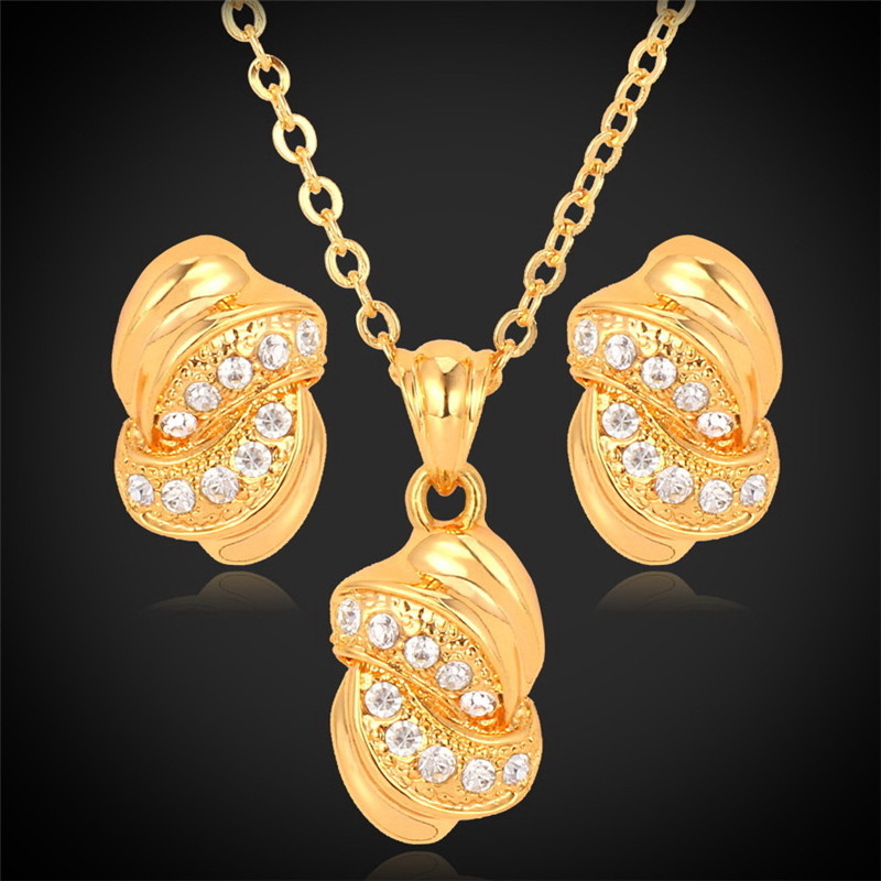 

18K Real Gold Plated Choker Necklaces Pendants Stud Earrings Jewelry Gifts Set Rhinestone Jewellery For Women, 18k gold plated