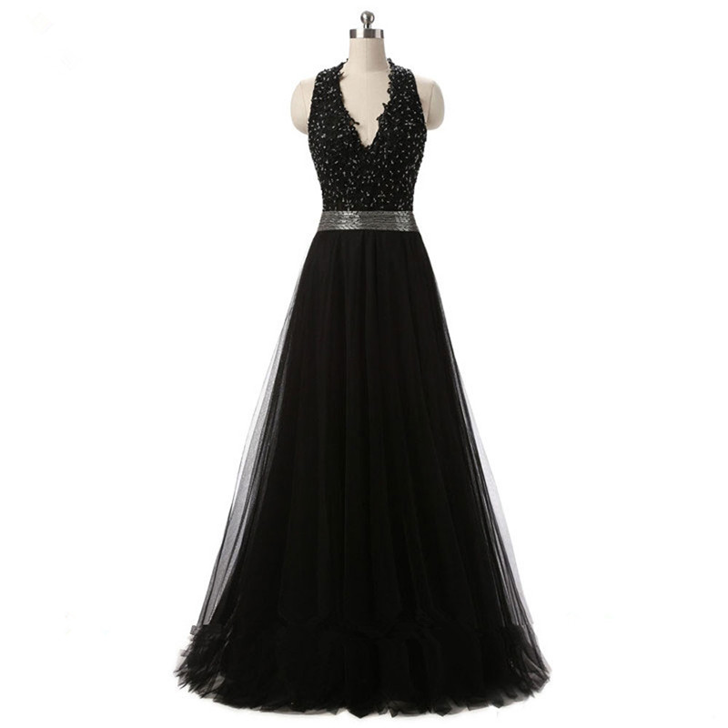 

2017 Sexy V-Neck Backless Lace A-Line Formal Evening Dresses With Beading Tulle Floor-Length Plus Size Prom Party Celebrity Gowns BE24, Hunter