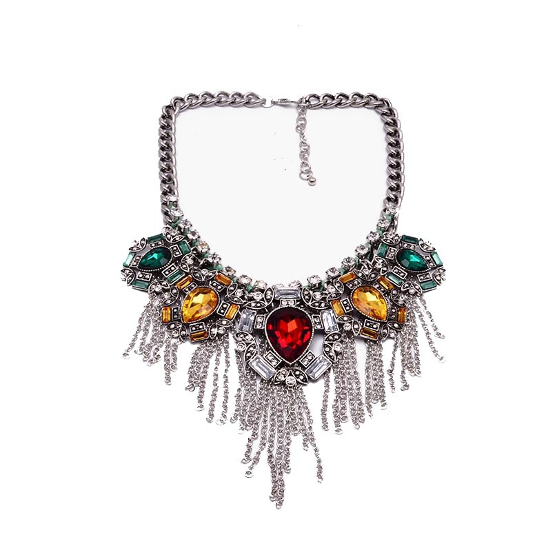 

Wholesale-2015 New Women Bib Chokers Necklaces Chain Tassel Gem Statement Necklaces & Pendants Fashion Accessories 4526