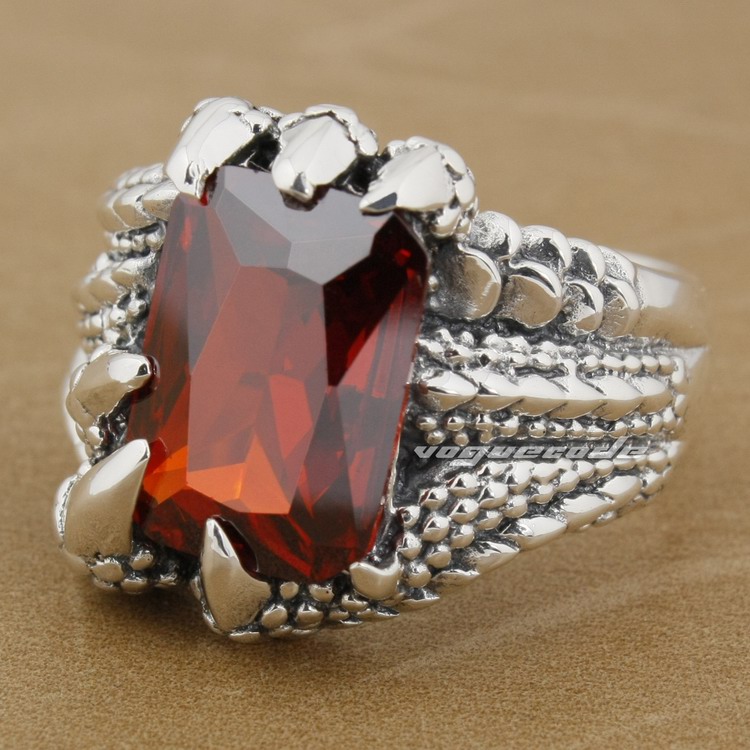 

925 Sterling Silver Dragon Claw Red CZ Stone Mens Biker Ring 8E006 US Size 8 to 14 Free Shipping