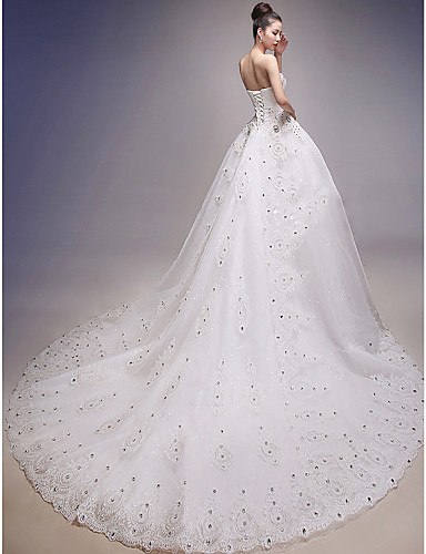 

2016 New Hot Fashion Free Shipping Elegant Ball Gown White Chapel Train Strapless Beading Crystal Organza Wedding Dresses 203, Champagne