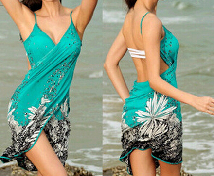 

Beach dresses sexy women deep v-neck backless bikini print Bohemia swimsuit swimwear shoulder-straps skirt dress scarf, Blue