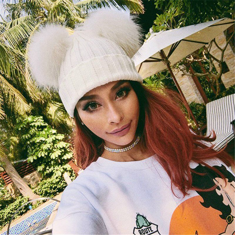 

Winter Knit Pom Pom Beanie Hat for Women - Double Fur Balls, Thick & Warm, Crochet Design, Black