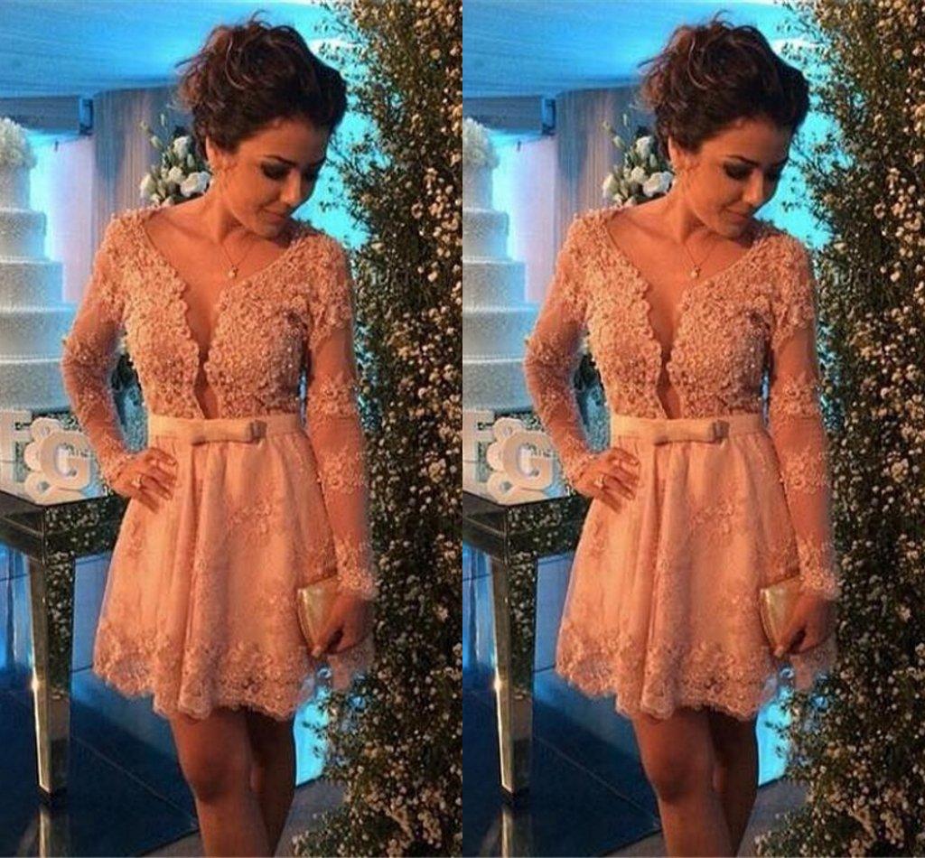 

Short Cocktail Dresses 2017 Cheap Sexy Scoop Neck Long Sleeve Sheer Illuison Lace With Sashes Beaded Party Dress Homecoming Gowns, Burgundy