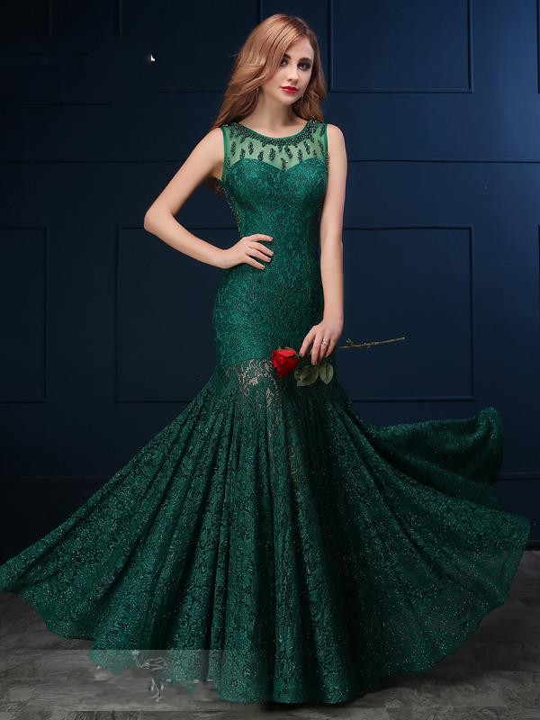 

2016 Hot Sale Fashion New Arrival Charming Free Shipping Round Neck Beaded Sleeveless Dark Green Lace Mermaid Evening Dresses 1013, Same as picture