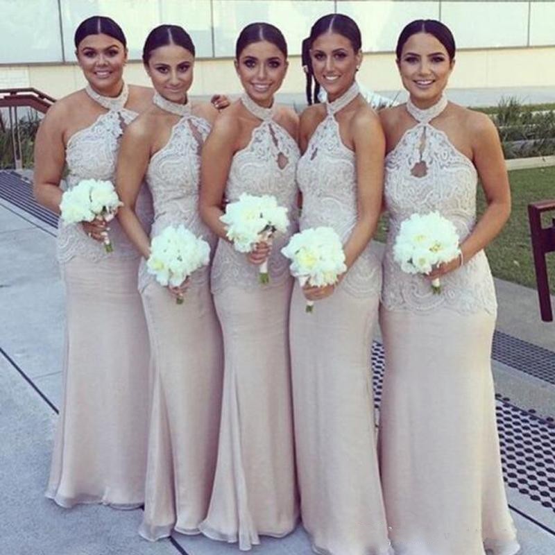 Bridesmaid Dresses 2017 Halter Neck Lace Applique Illusion Sleeveless Long Plus Size Chiffon Mermaid Maid Of Honor Gowns Wedding Guest Dress