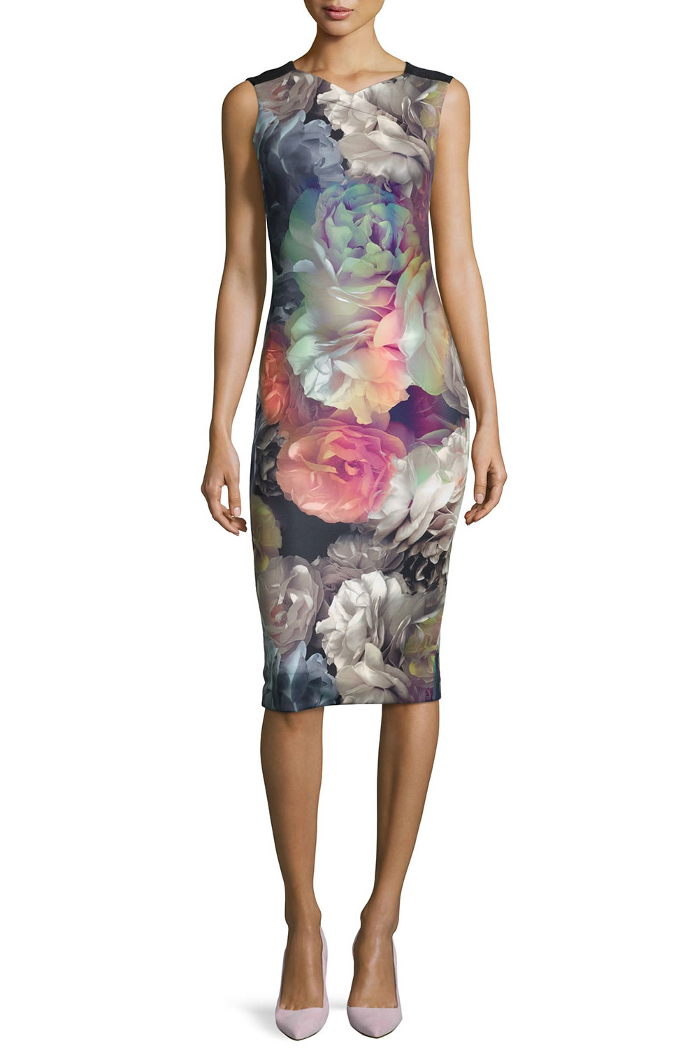

Fashion Flower Print Women Sheath Dress V-Neck Dresses 120912, As pictures