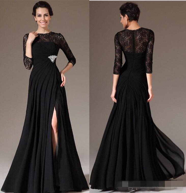 

Black Chiffon 2019 Evening Dresses Side Split 3/4 Long Sleeves Prom Gown Lace Mother of the Bride Dress with Beads Sash