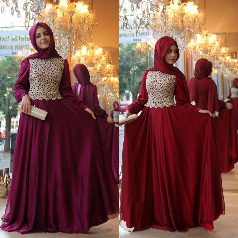 

Fuchsia/Burgundy Long Sleeves Muslim Evening Dress 2016 Saudi Arabic High Neck Dubai Kaftan Prom Dresses Women Maxi Dress Formal Party Gown, Pink