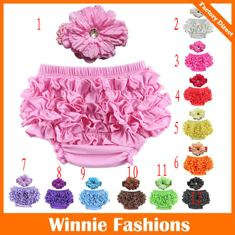 

12 Colors Baby Girls Ruffle Bloomer Headband Set (TUTU underwear+diamond flowear Headwear) Infant cake bloomers shorts pants diaper covers, Mix 12 colors;tell me color number