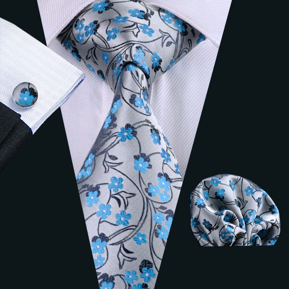 

Tie for Men Hankerchief Cufflinks Set Blue Floral Pattern Mens Jacquard Woven Business Necktie 8.5cm Width Casual Set N-0999, Black;blue