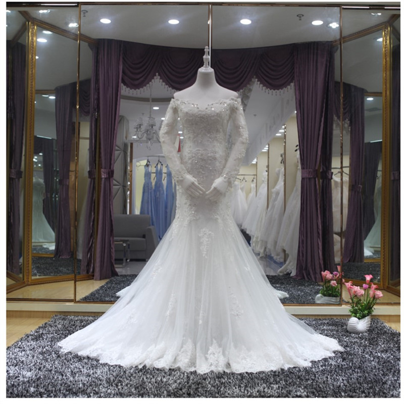 

Ivory Lace Mermaid Wedding Dresses Bridal Gowns Off Shoulder Long Sleeves Sheer with Applique Lace Shining Beads vestido de novia