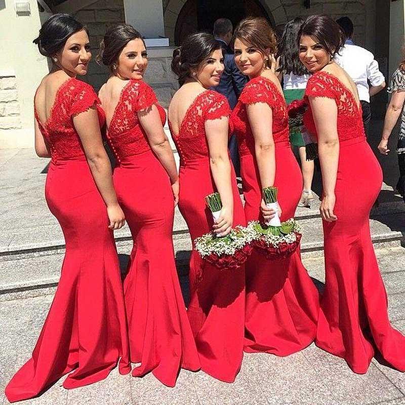 2019 Fashion Long Red Bridesmaid Dresses Cap Sleeve V-Neck Lace Satin Floor Length Sheath Evening Gowns Zipper Back Custom Made B94