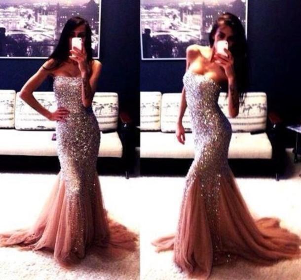 

Sparkly Mermaid Bling Bling Sequins Prom Dressess Strapless Sweep Train Tulle Evening Gowns Sleeveless Formal Dresses Long, Royal blue