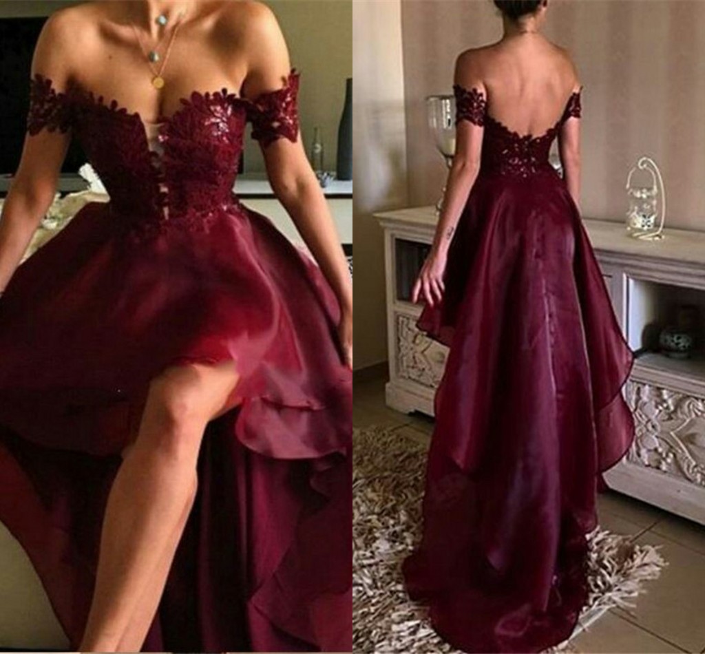

Sexy Burgundy Evening Dresses Hi Lo Organza with Lace Backless Prom Dresses Sweep Train Long Pageant Dress Accept Custom Made, Silver