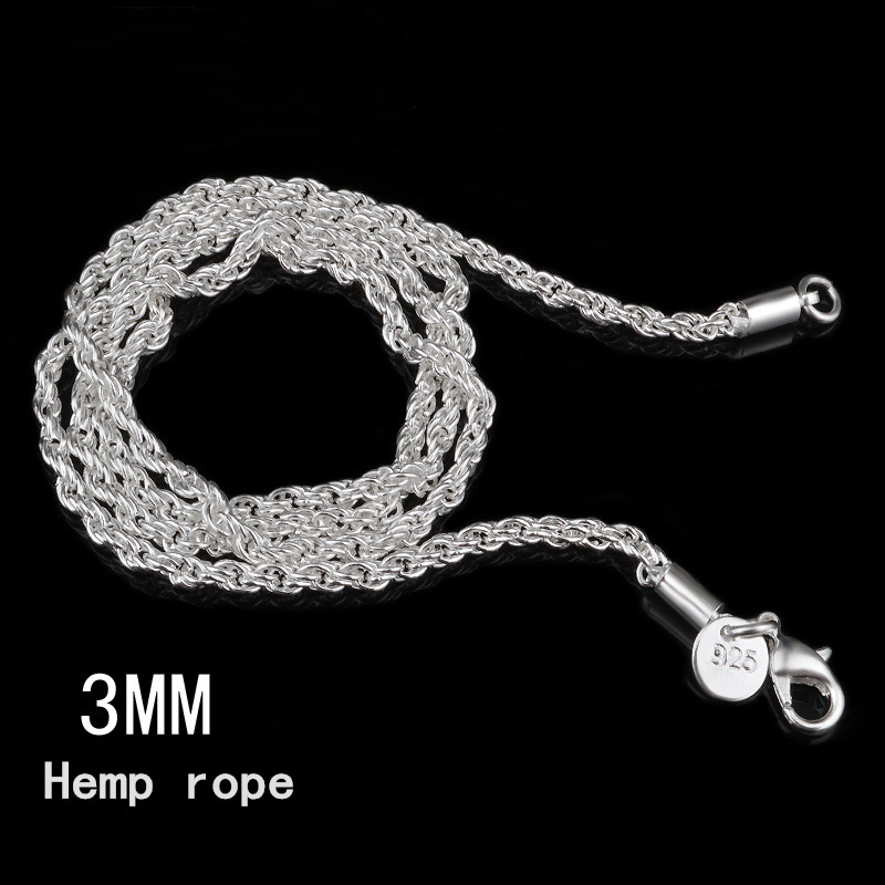 

50pcs/lot Wholesale 925 sterling sliver Plated jewelry necklace 3MM Rope chain Long Necklaces Women Party Gift