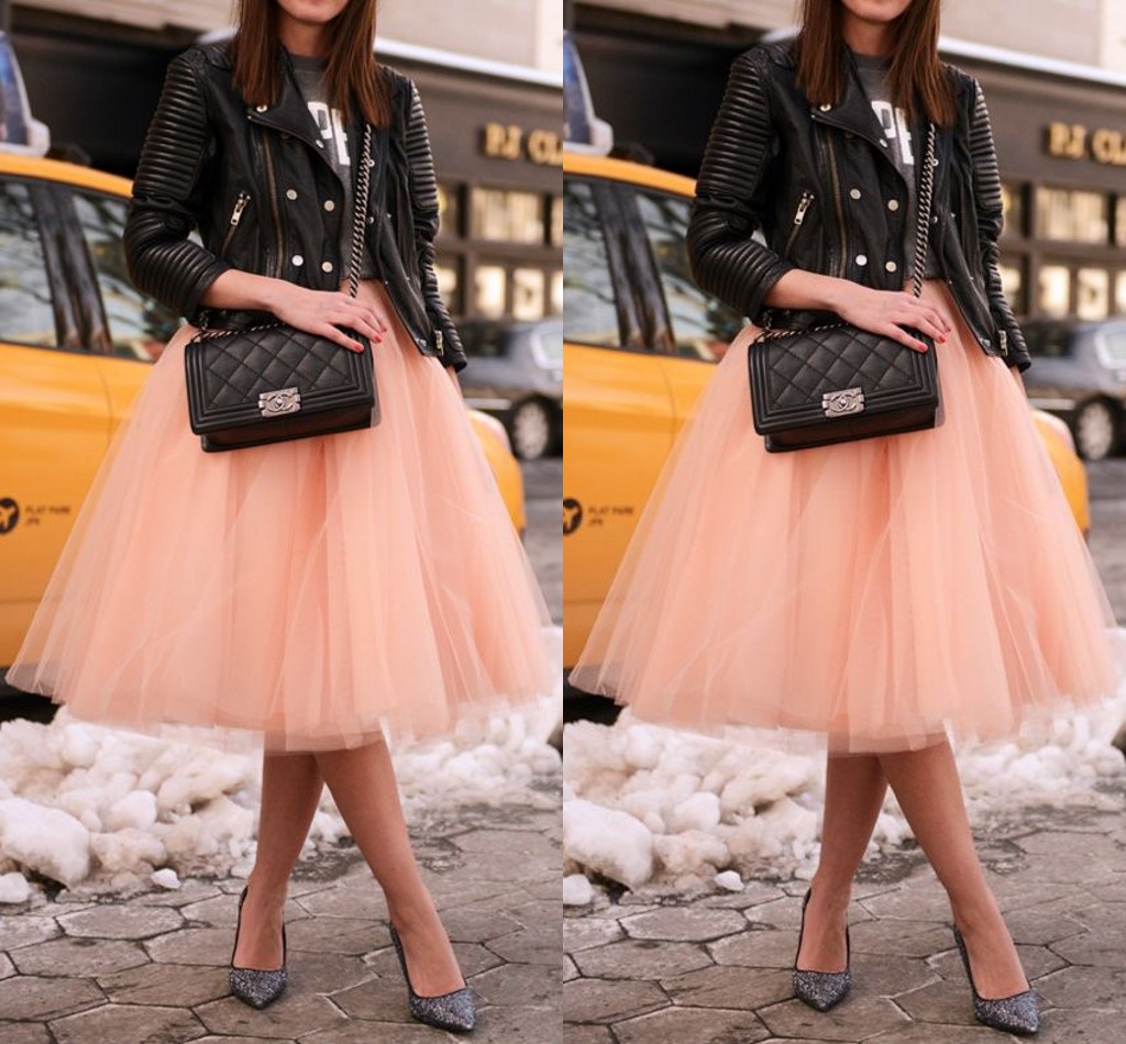 

Puffy Tulle Tutu Skirts for Women Knee Length Orange Ruffled Skirt Cheap 5 Layers with Lining Midi Skirt Chic Tulle Skirts