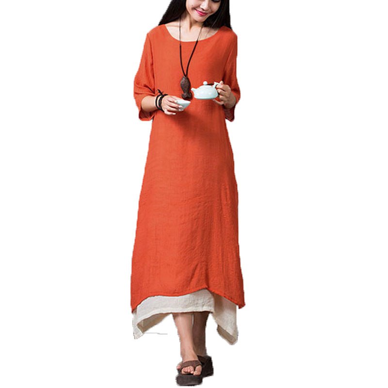 Vente en gros - Nouvelle arrivée 2016 Automne d'été Femmes Coton Linge Vintage Robe Vintage Casual Occidenter Optine Boho Long Maxi Robes Vestido