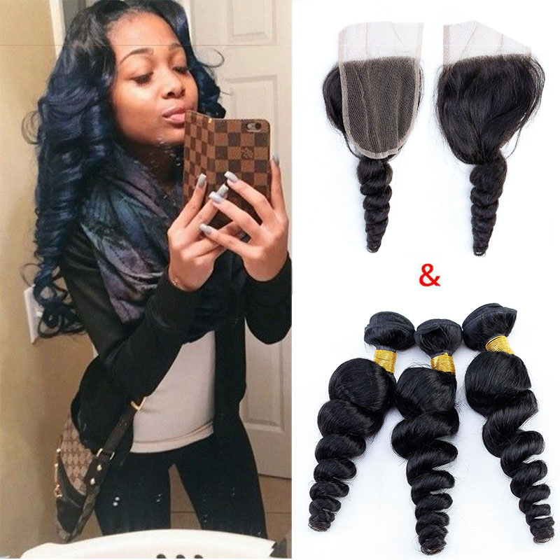 

Lace Closure With Brazilian Virgin Hair 3 Bundles Loose Wave Human Hair Weave With Closure Cheap Brazilian Malaysian Peruvian Hair Extension, Natural color