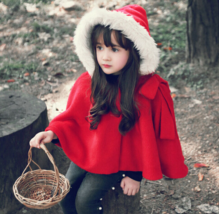 2016 Top Fashion Poncho New Dress Princess Cloak , Female Children Hooded Cape Wool Coat Children's Fringed Red Scarf, free Shipping-image-268394401