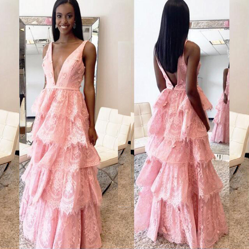 

Sexy Blush Pink Lace Prom Dress Deep V Neck Sleeveless Backless Tiered Skirt Prom Dresses Long Formal Evening Gown Floor Length, Hunter green