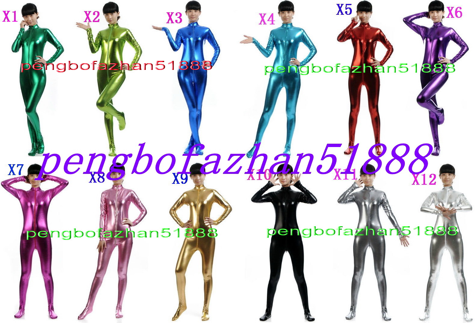 

Sexy Body Suit 15 Color Shiny Lycra Metallic Suit Catsuit Costumes Sexy Front Long Zip Bodysuit Costumes Unisex Halloween Cosplay Suit P007, Rose red