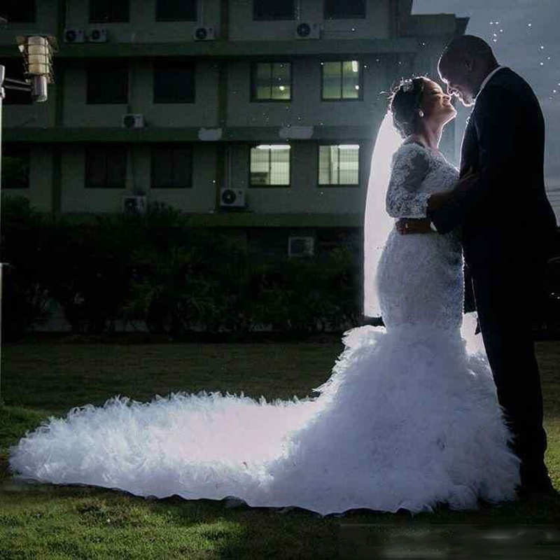 

2018 Sexy New Arrival White Mermaid Wedding Dresses Bling Crystal Bead Jewel Neck See Through Ruffles Tulle Wedding Bridal Gowns Custom Made, Gold