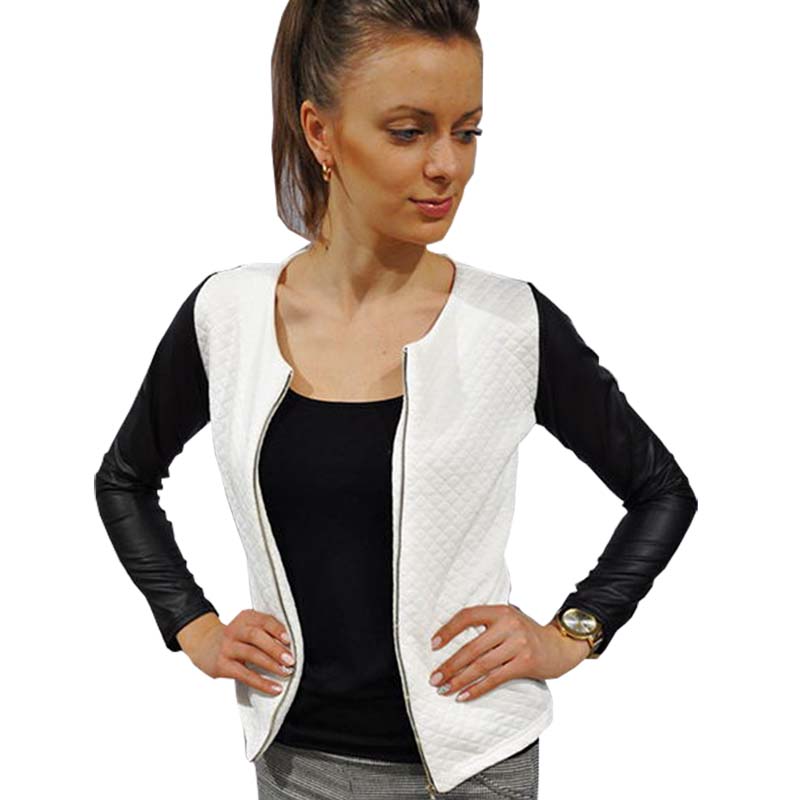 Women jacket autumn winter jacket fashion slim black and white PU patchwork short jackets vestidos GZ291