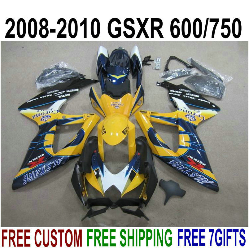 

ABS full fairing kit for SUZUKI GSXR750 GSXR600 2008 2009 2010 K8 K9 Blue Yellow Corona fairings set GSXR 600 750 08 09 10 KS60, Same as the picture shows