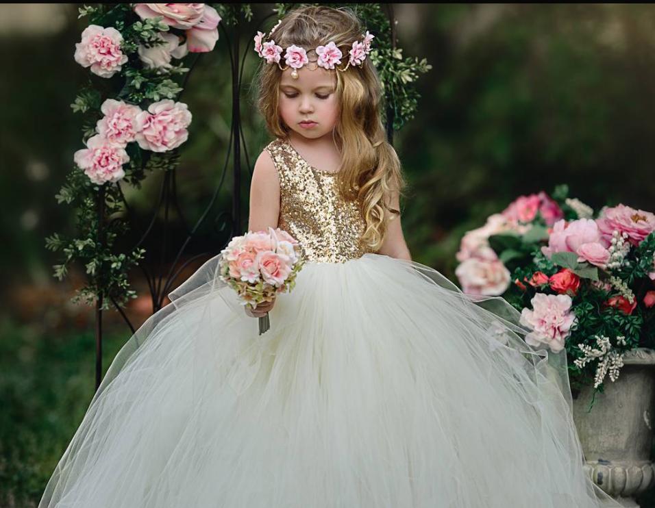 2018 New Gold Sequins Top Ivory Tulle Flower Girl Dresses Puffy Ball ...