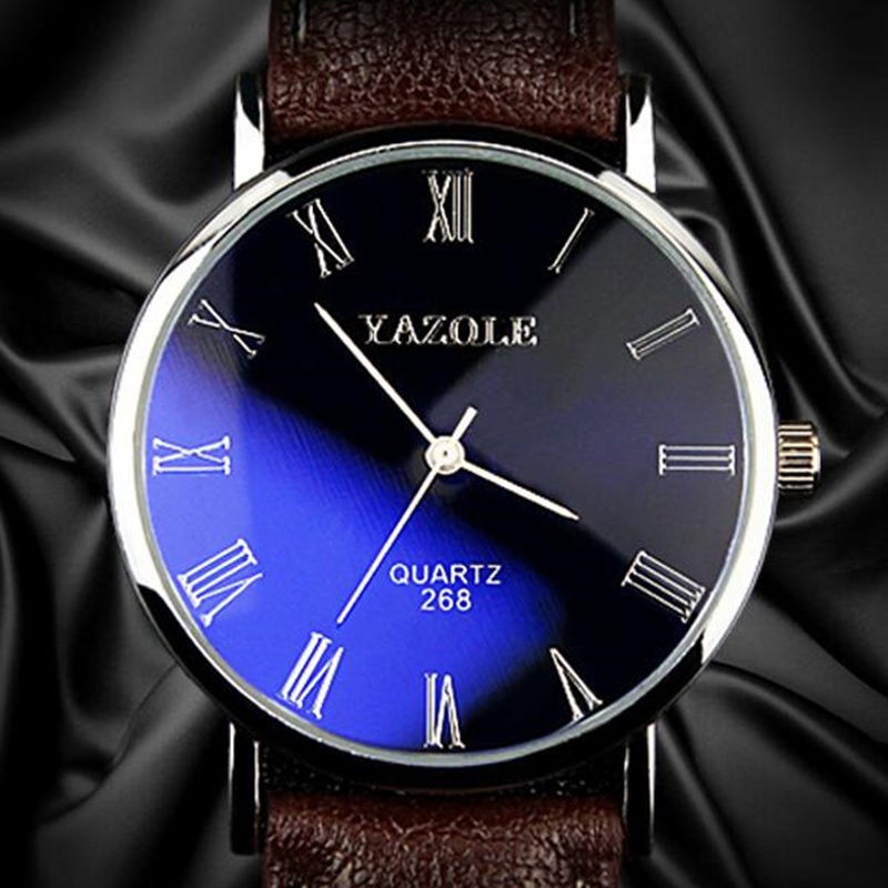 

2015 Fashion Luxury Blue Ray Glass Roman Number Quartz Analog Mens Watch, Leather Band relojes Men Sport Wrist Watch Leather, Black