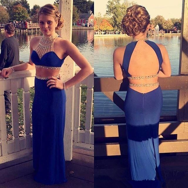 

Two piece Beaded Collar Long Prom Dresses Vestidos de Festa Sheath back hollow Custom made Royal Blue Formal Evening Party Gowns, Water melon