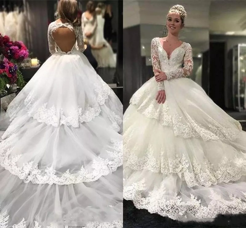 

2022 Charming Wedding Dresses Deep V Neck Lace Appliques Beaded Sheer Long Sleeves Open Back Tiered Ruffles Tulle Plus Size Bridal Gowns, Ivory
