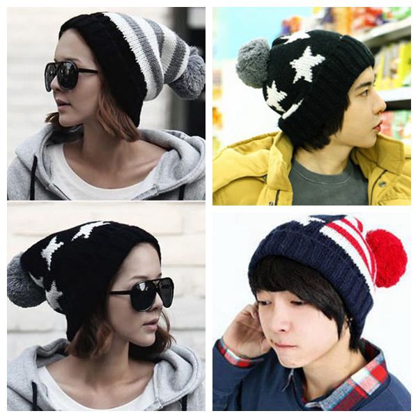 Wholesale-Unisex Knit Hat Beanie Women Winter Hats for Girls Five-pointed Star Polo Hat Mens Winter Cap Female Chapeu Feminino M0139