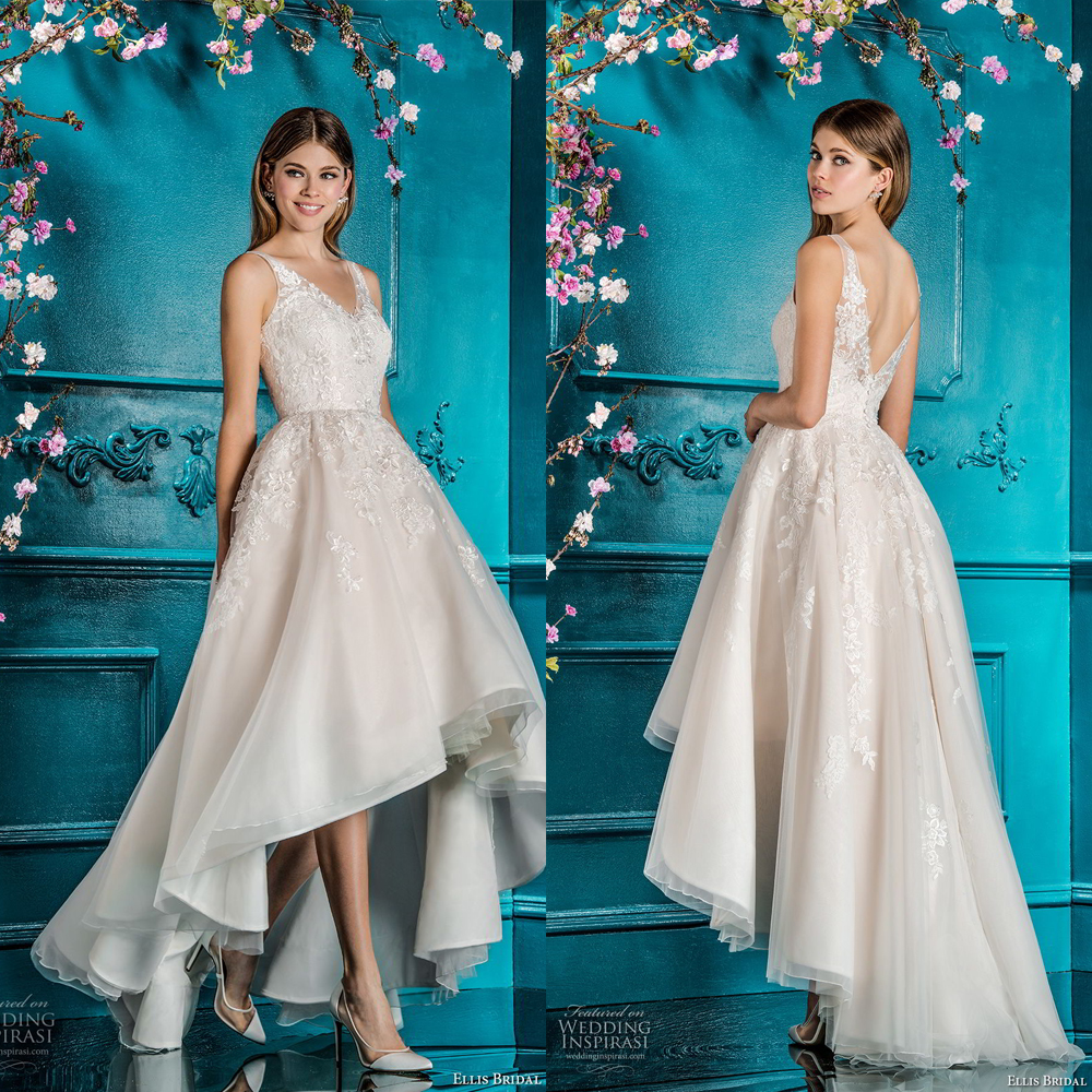 

V-neck Front Short Long Back Nude Wedding Dress with Lace Applique High Low Bridal Dress, Black