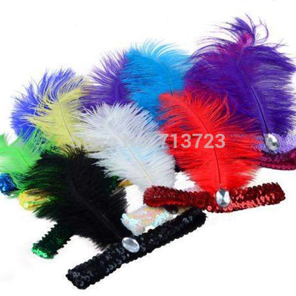 

Wholesale-12pcs/lot Feather Headband 1920's Flapper Sequin Charleston Costume Headband Band Party Ostrich Feather Headdress