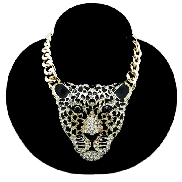 

Fashion Women Hiphop Tiger Necklace Rhinestone Head Leopard Necklaces Pendants Vintage Retro Long Necklace Exaggeration Jewelry