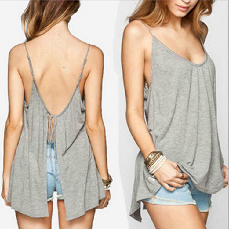 Wholesale-Sexy Lady Straps Backless Camisole Casual Crop Tops Tank Vest Back Split Shirt