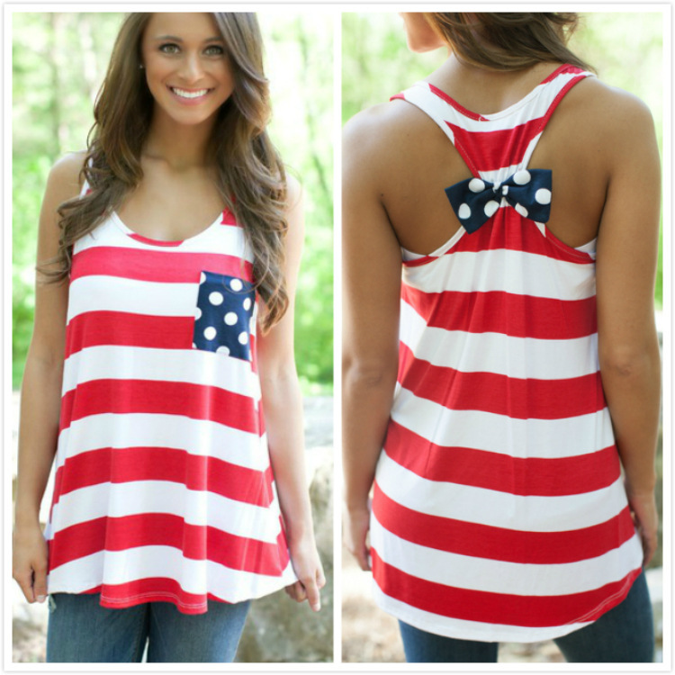 FG1509 Women Tank Tops Striped American Flag Printed Patchwork Back Bow Sleeveless USA Casual Vest Pink Red Dark Blue S - XL