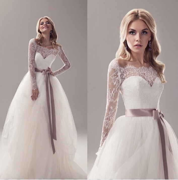 

Elegant Boat Neck Lace Wedding Dresses with Long Sleeve Off The Shoulder Tulle A-Line Wedding Gowns Bridal Dress Vestidos De Noiva 2015, White