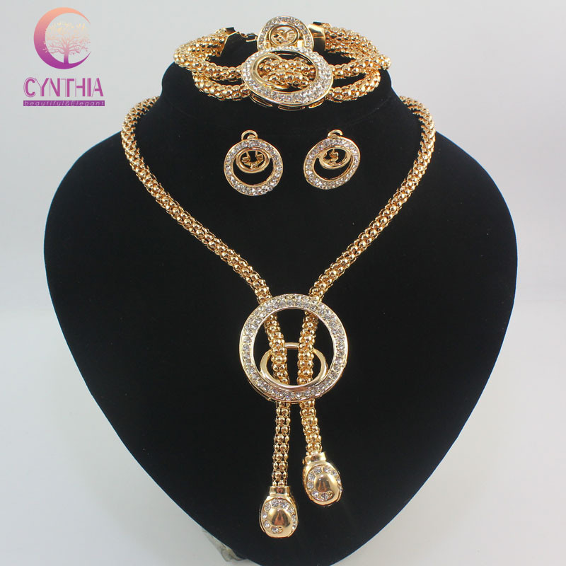 

Hot Sale Nigerian Wedding African Beads Jewelry Sets Fashion Women Dubai 18K Gold Plated Tassel Necklace Earrings Bracelet Ring Jewelry Set