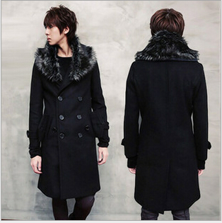 

New men slim lapel Fur Collar Double-breasted design casual woolen Dust Coat trench Coat jacket overcoat size -XXL A063, Black