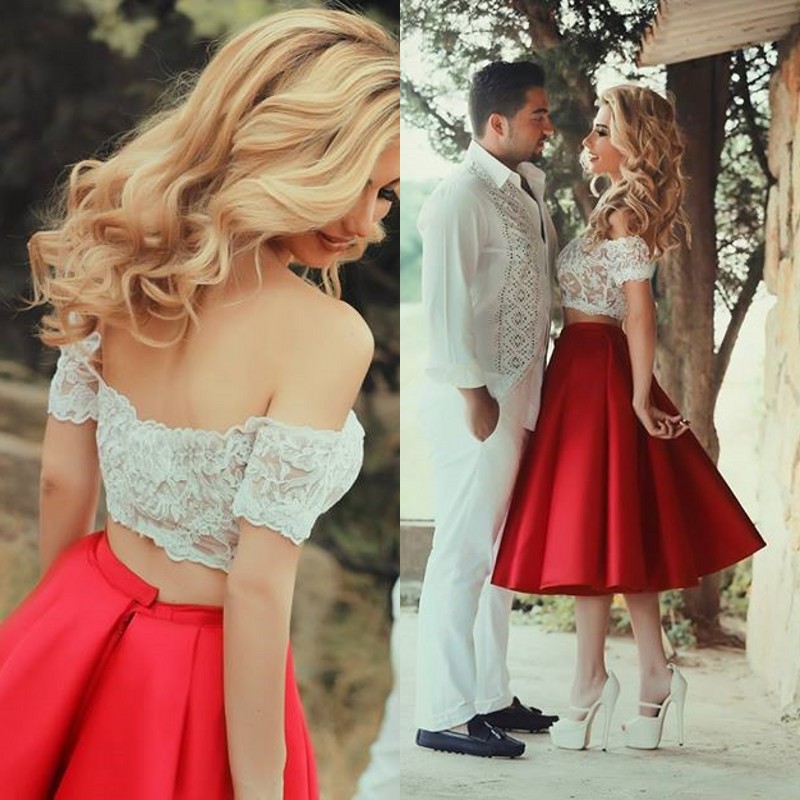 

Sparkly Two Pieces Wedding Dresses Ivory and Dark Red Off the Shoulder Colorful Informal Short Bridal Gowns Outdoor Wedding Tea Length Dress, Same as image