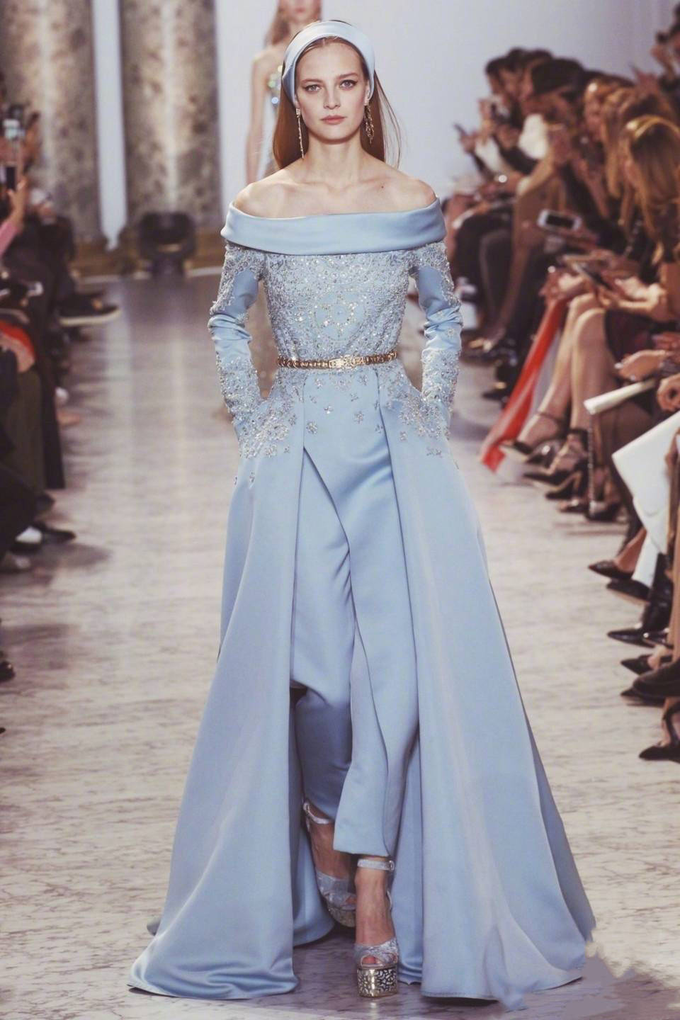 

Elie Saab Evening Dresses Jumpsuit Off The Shoulder Satin Blue Long Sleeve Prom Dress Sweep Train Beads Red Carpet Wear Formal Gown Party, Purple