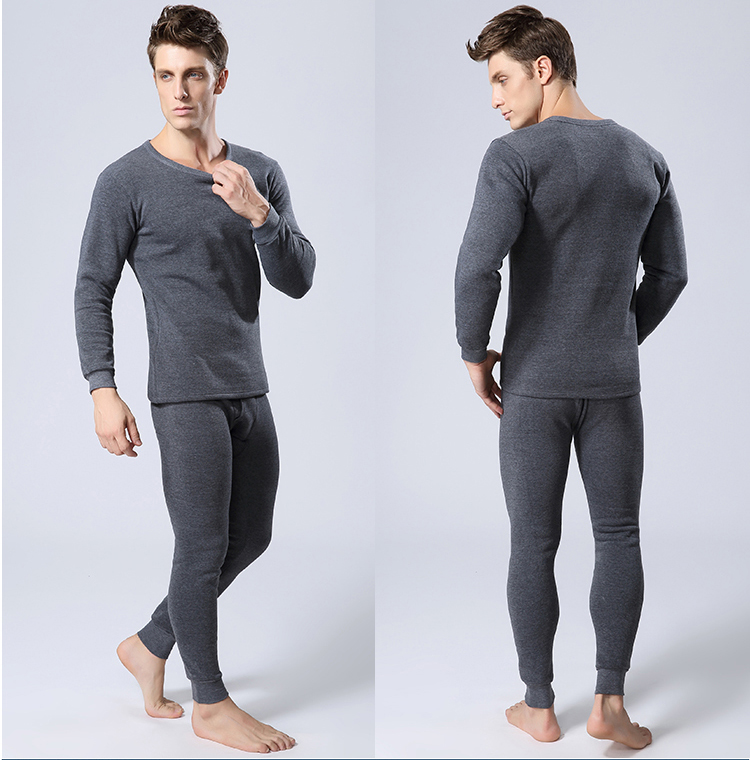 

Wholesale- Winter Mens Warm Thermal Underwear Mens Long Johns Sexy Black Thermal Underwear Sets Thick Plus Velvet Long Johns For Man, Light gray