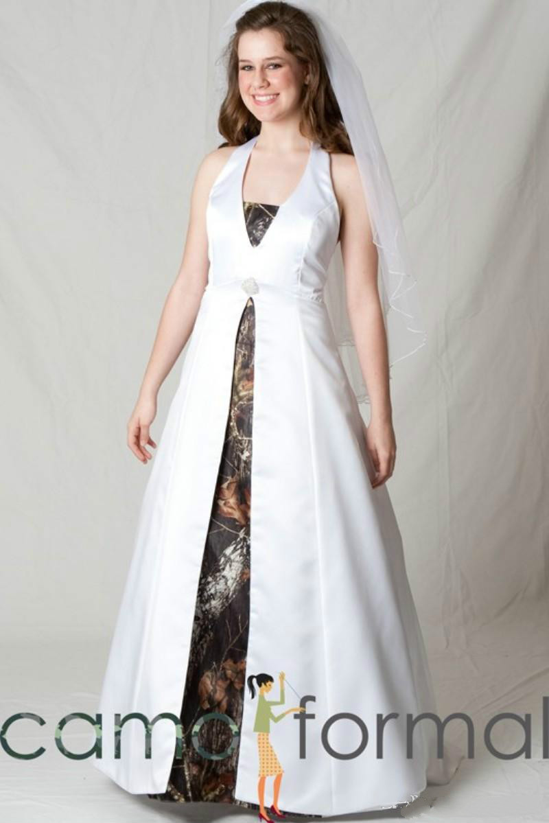 

Halter Split Front Maternity Camo Wedding Gowns Realtree Camouflage Bridal Dresses for Maternity Pregnant Woman White Camo Bride Dress 2015, Champagne